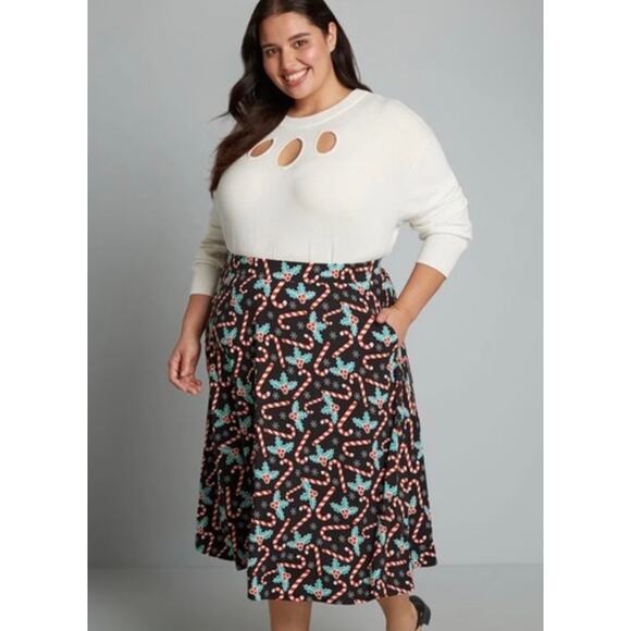 Modcloth Excellence Attained Christmas Candy Cane A-line Midi Skirt M NWT - Picture 2 of 5